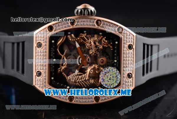 Richard Mille RM 51-01 Tourbillon Tiger and Dragon Asia Manual Winding Rose Gold Case with Seleton Dial and Black Rubber Strap Diamonds Bezel - Click Image to Close